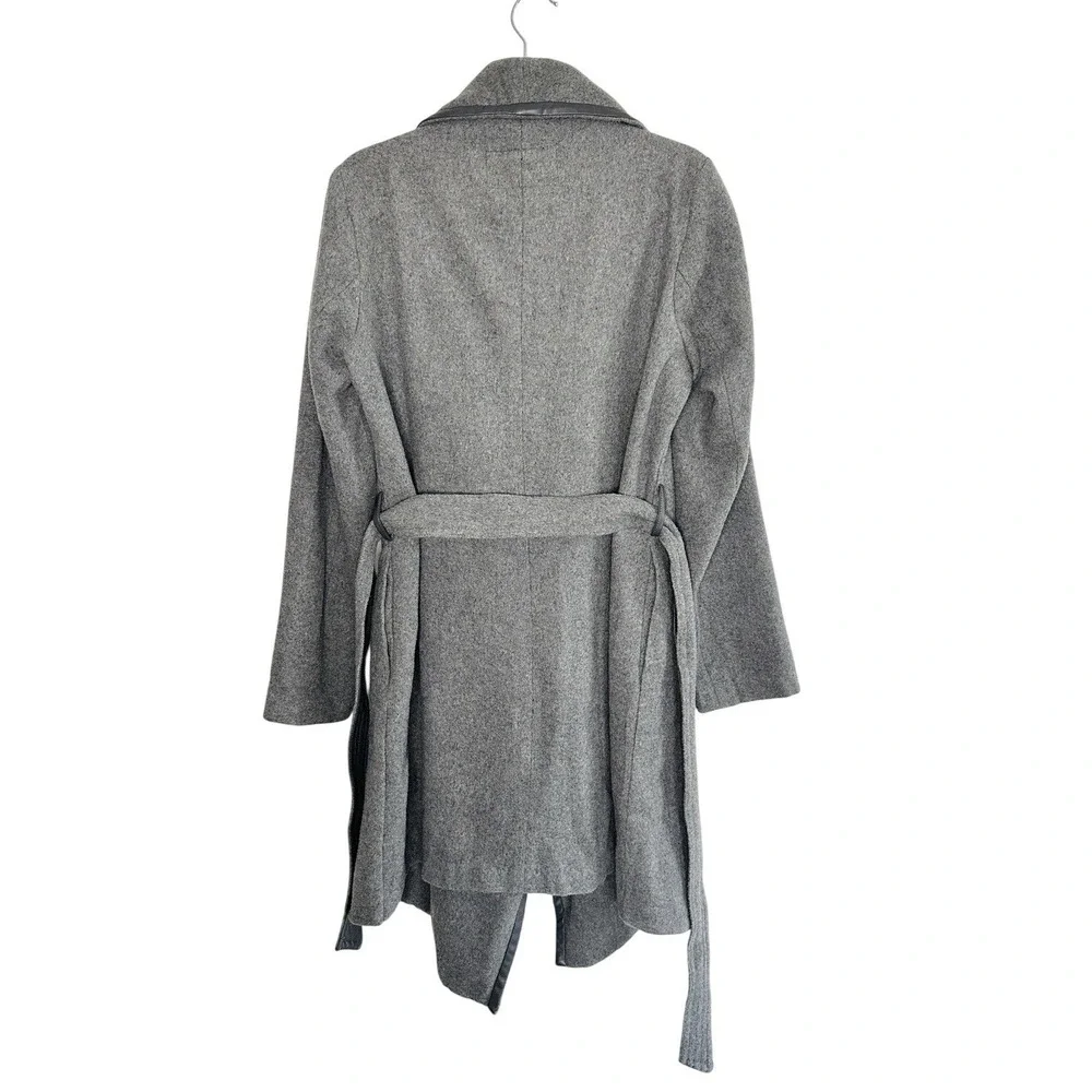 Nanette Lepore Gray Wool Blend Faux Leather Trim Wrap Coat Large Minimalist Chic